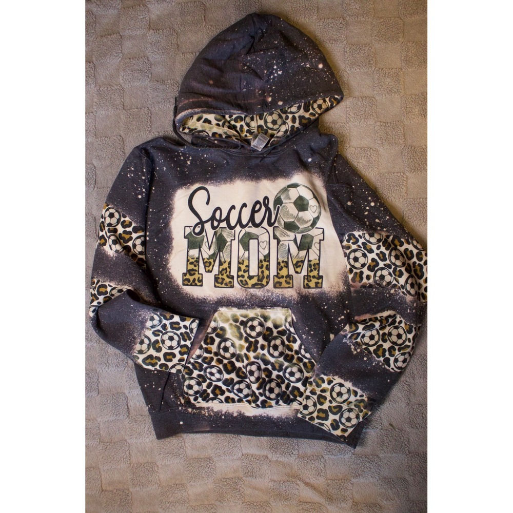 Soccer Mom Bleached Hoodie Leopard Print Soccer Ball Graphic Sweatshirt Gray
